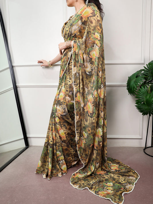 Stylist Floral Printed Olive Green Saree