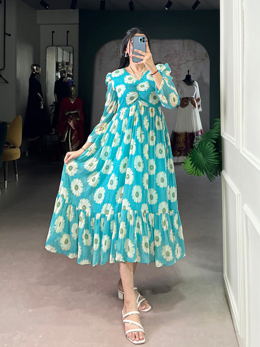 Sky Blue Color Floral Print With Foil Work Marbel Fancy Frock