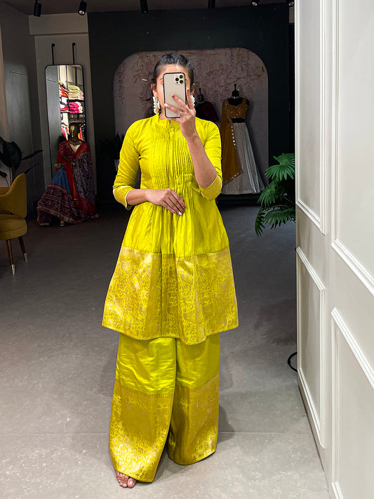 Parrot Color Zari Weaving Work With Dyeing Silk Kurti Plaza Set