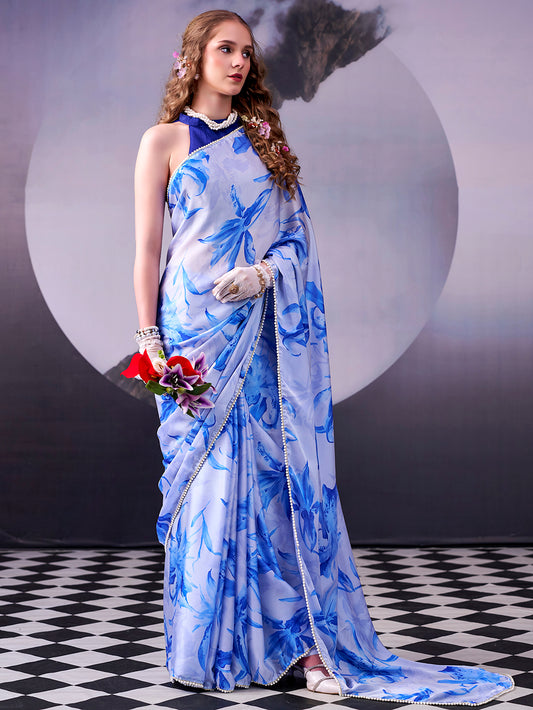 Sky Blue Color Satin Silk Saree