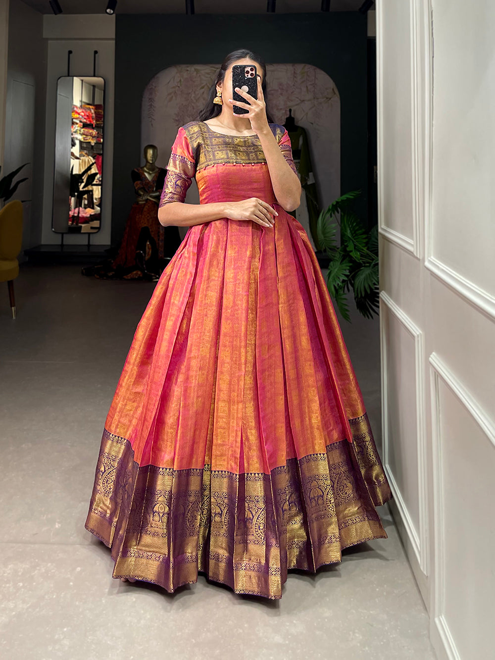 Pink Color Zari Weaving Work Kanjivaram Dress