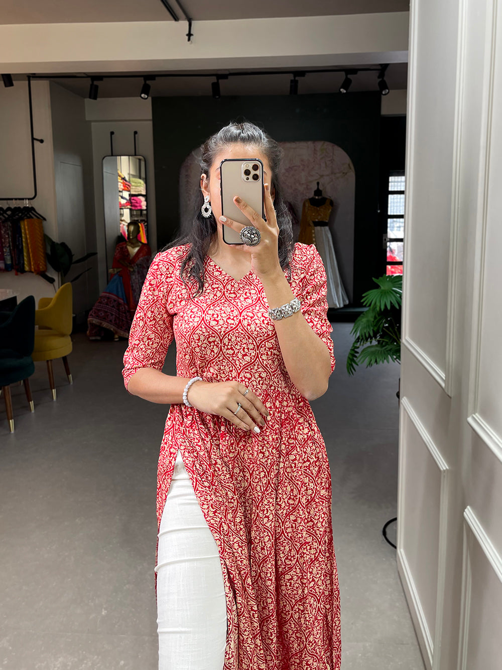 Red Color Foil and Printed Rayon Cotton Dress