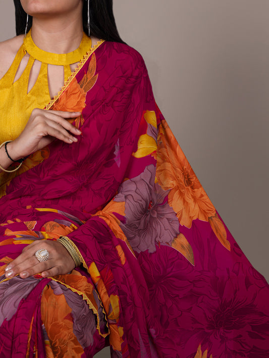 Pink Color Floral Print With Lace Border Weightless Marbel Saree