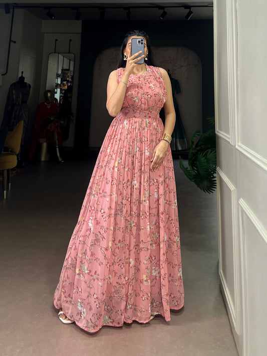 Pink Color Floral Printed Weightless Marbel Gown