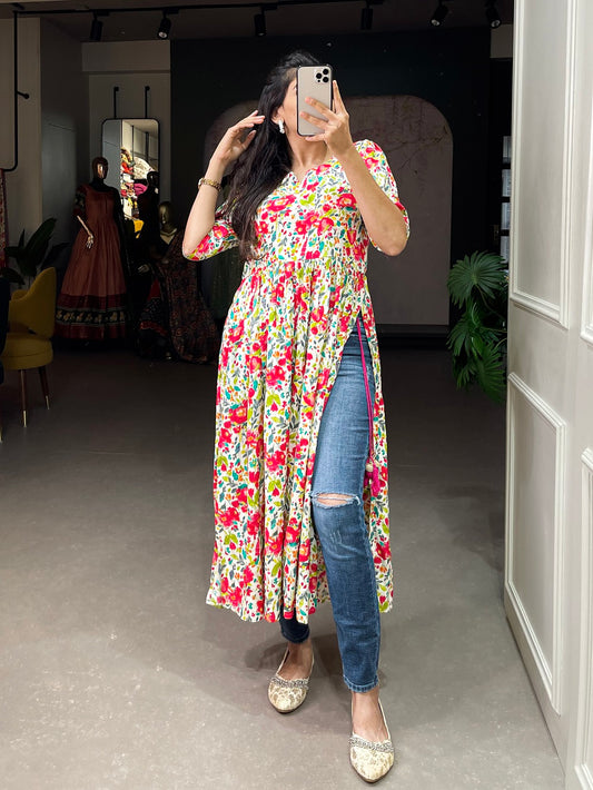 White Color Foil and Printed Rayon Cotton Dress