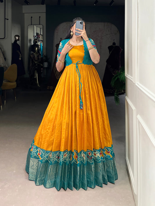 Mustard Color Patola Print With Weaving Work Border Tasar Chex Gown By Yana Fab