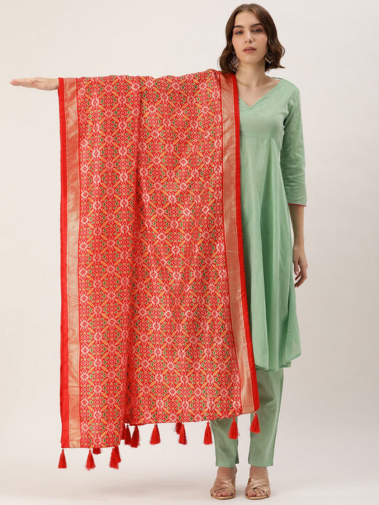 Red Color Patola Print With Foil Work Also Comes With Tassels Tussar Silk Dupatta