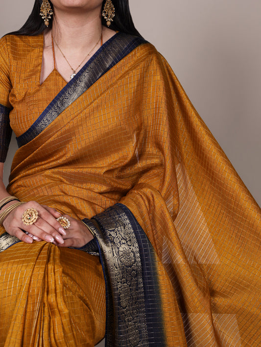 Mustard Color Zari Weaving Work Dola Chex Saree