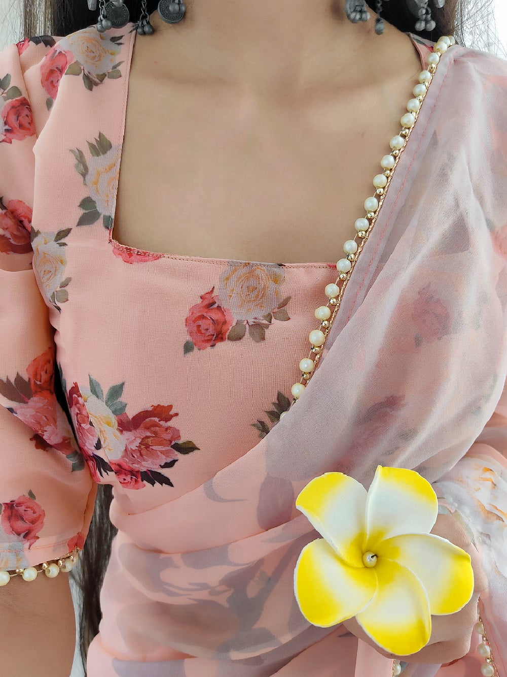 Peach Color Printed With Pearl Lace Border Georgette Saree