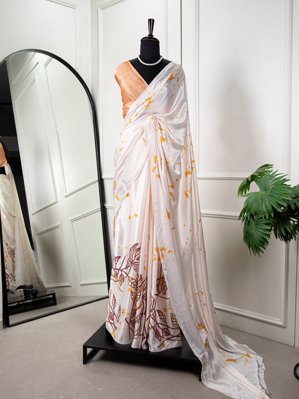 Peach Color Digital Printed And Foil Work Satin Silk Saree