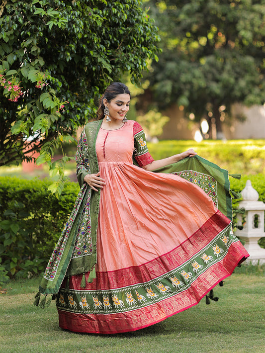 Peach Color Patola with Foil Print Dola Silk Dress