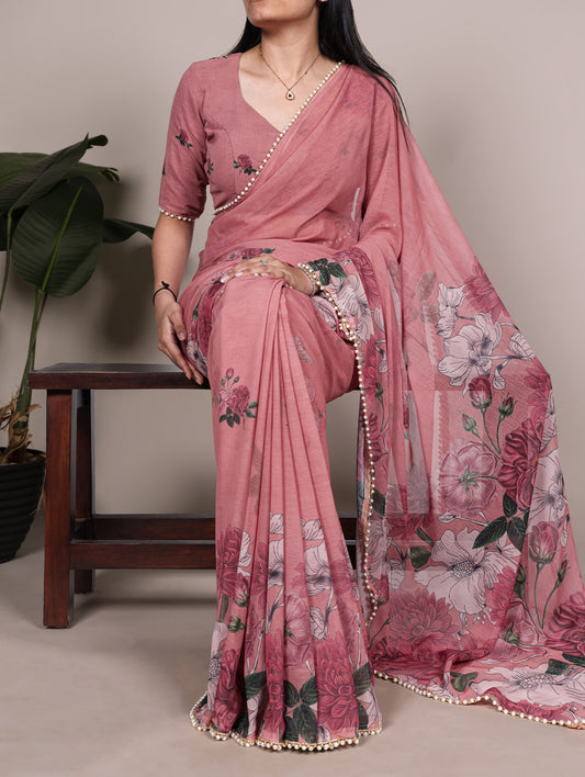 Peach Color Weightless Marbel Fancy Saree