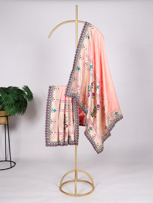 Peach Color Weaving Zari Work With Sequins And Embroidery Lace Jacquard Silk Dupatta