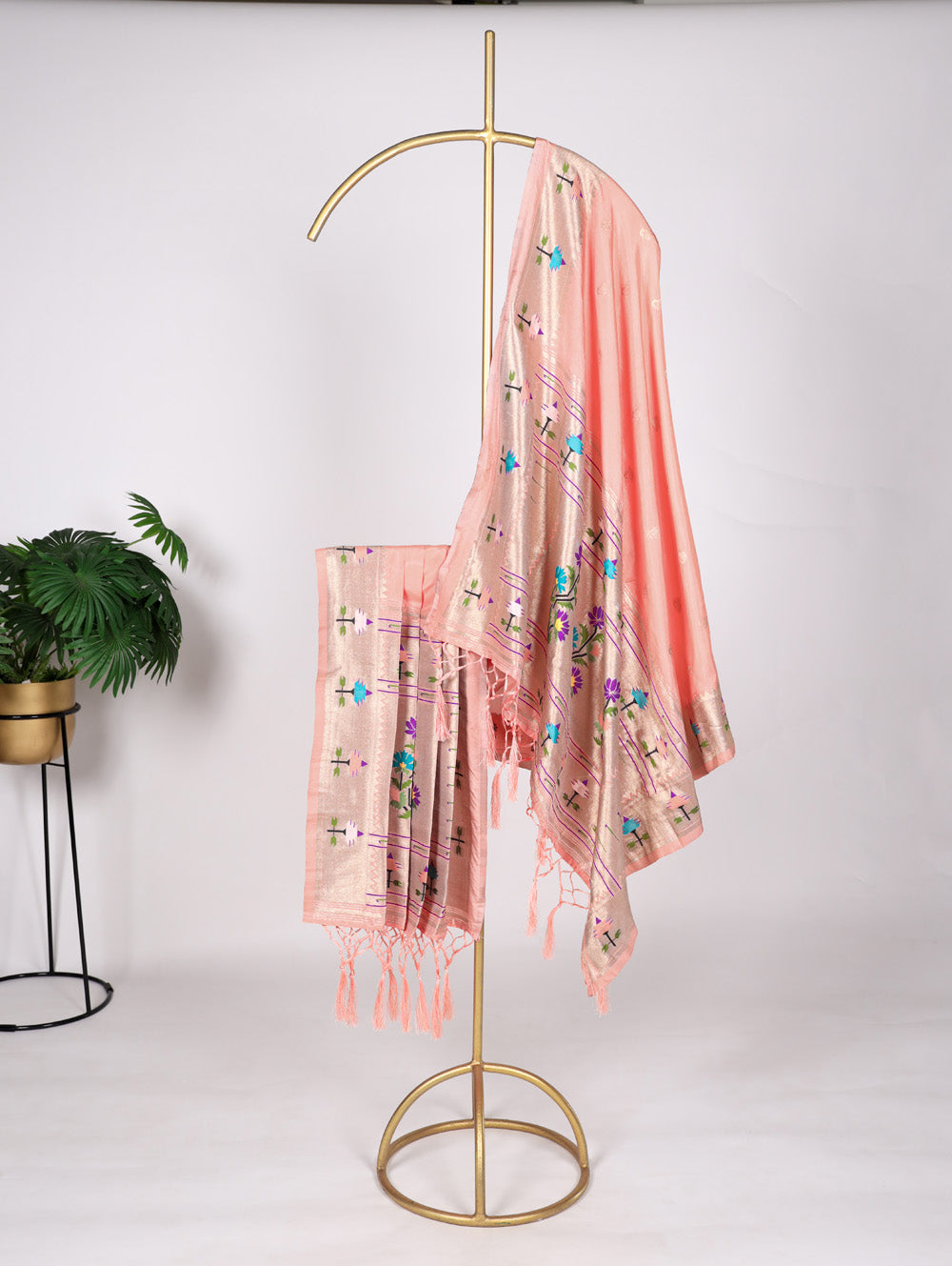 Peach Color Weaving Zari Work Jacquard Paithani Silk Dupatta