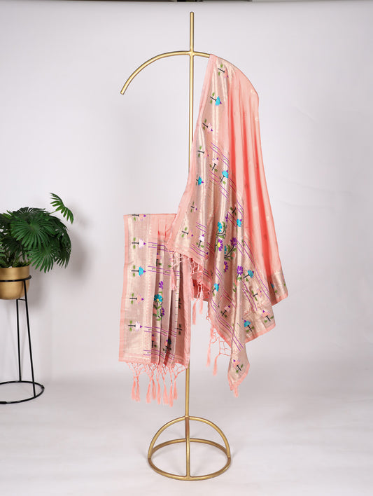 Peach Color Weaving Zari Work Jacquard Paithani Silk Dupatta