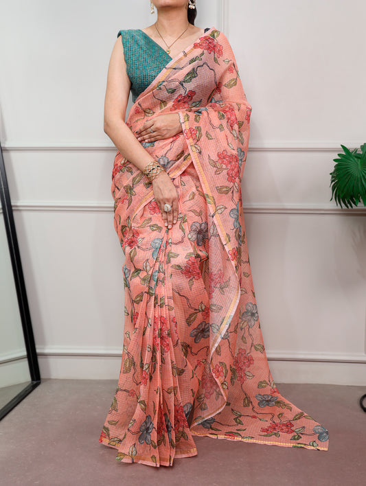 Wedding Wear Kota Doria Peach Color Saree