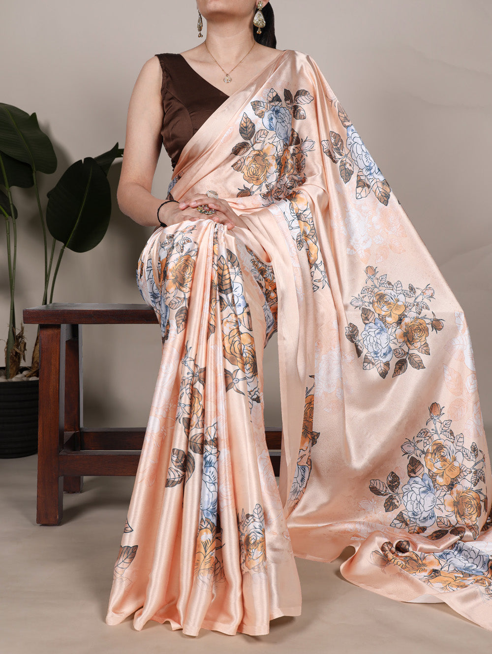 Peach Color Floral Printed Satin Silk Saree
