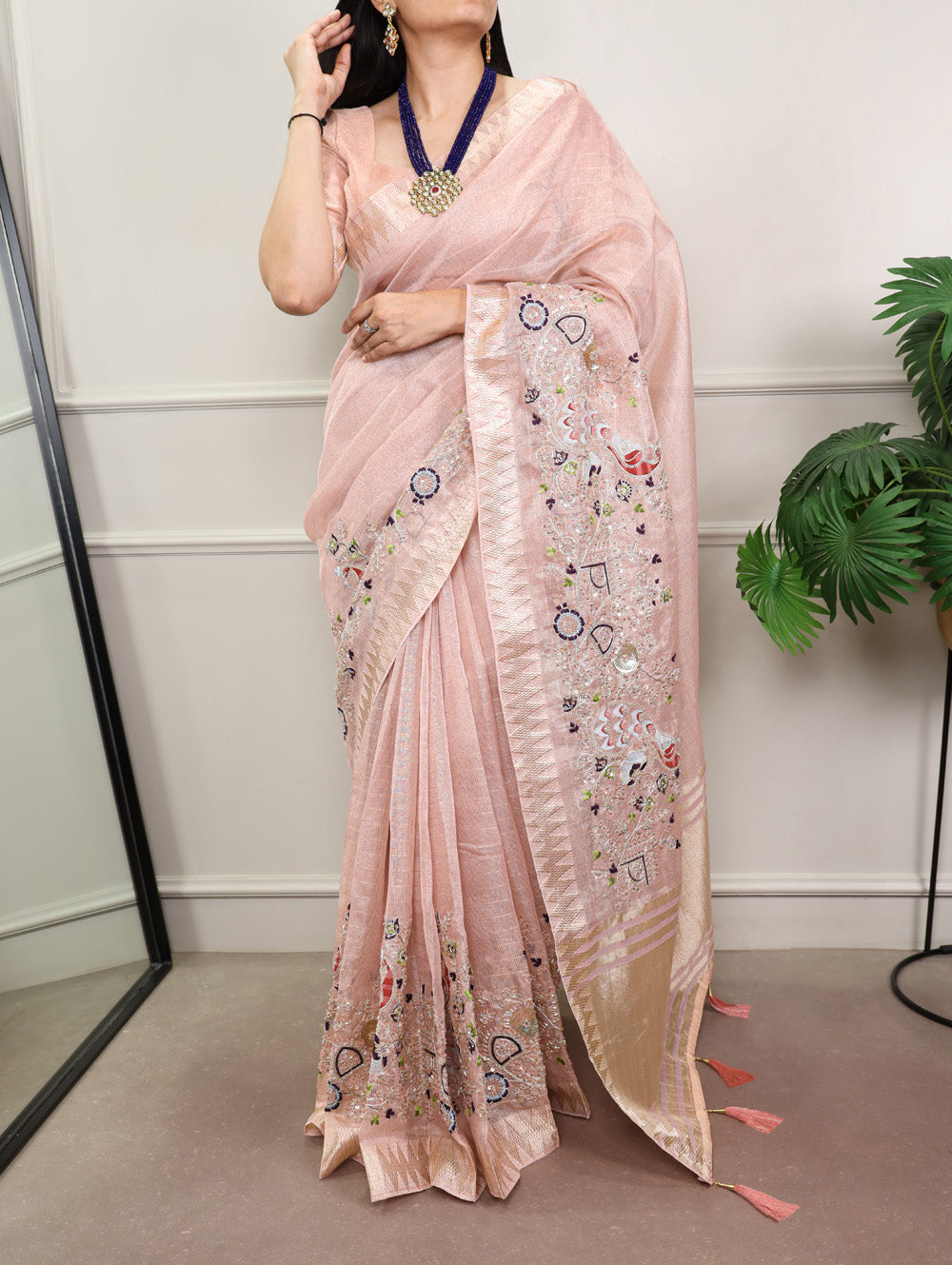 Peach Color Embroidery Beads Work Zari Kota Tissue Saree