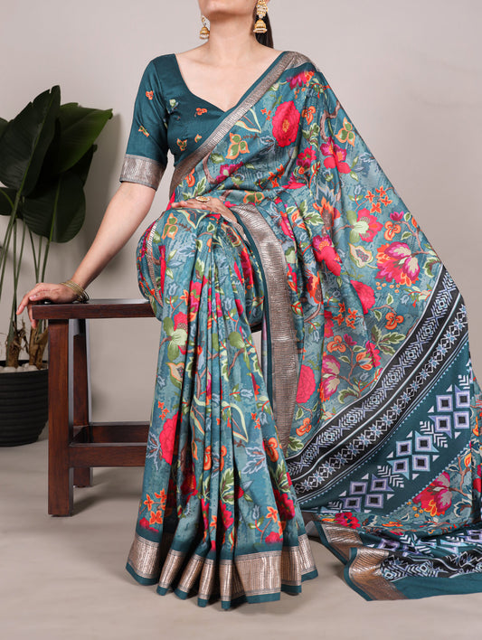 Peacock Color Printed Tussar Silk With Viscose Border Saree