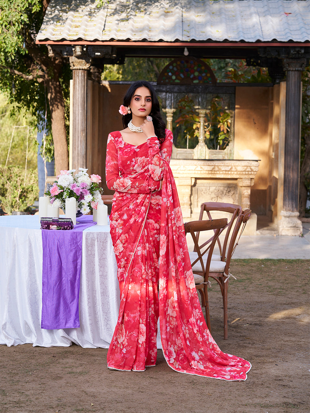 Red Color Printed With Peral Lace Border Weightless Marbal