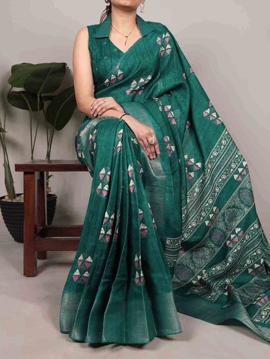 Pine Green Batik Print Saree
