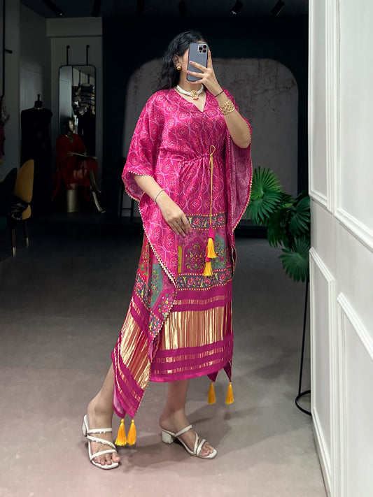 Pink Color Digital Print Pure Gaji Silk Kaftan