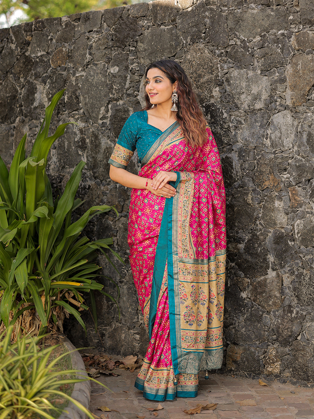 Pink Color Foil Printed And Stone Work Dola Silk Saree