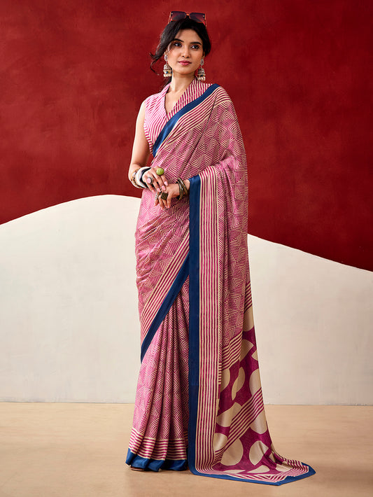Pink Color Fancy Printed Dull Satin Saree