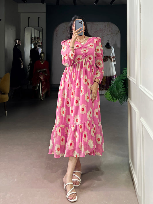 Pink Color Floral Print With Foil Work Marbel Fancy Frock