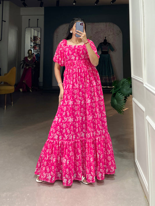 Pink Color Floral Printed Georgette Long Dress