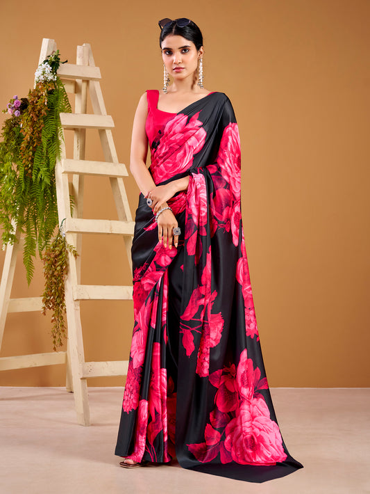 Pink Color Floral Printed Satin Silk Saree
