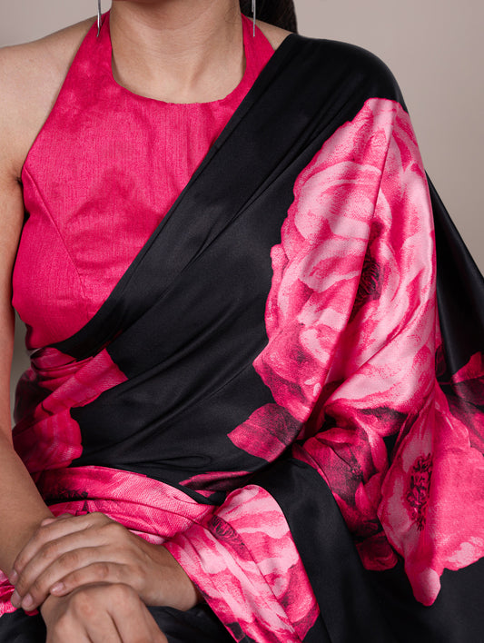 Pink Color Floral Printed Satin Silk Saree