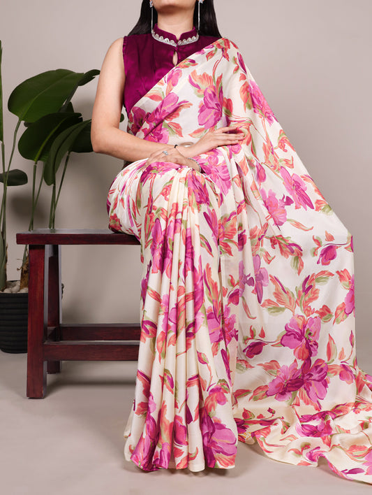 Pink Color Floral Printed Satin Silk Fancy Saree