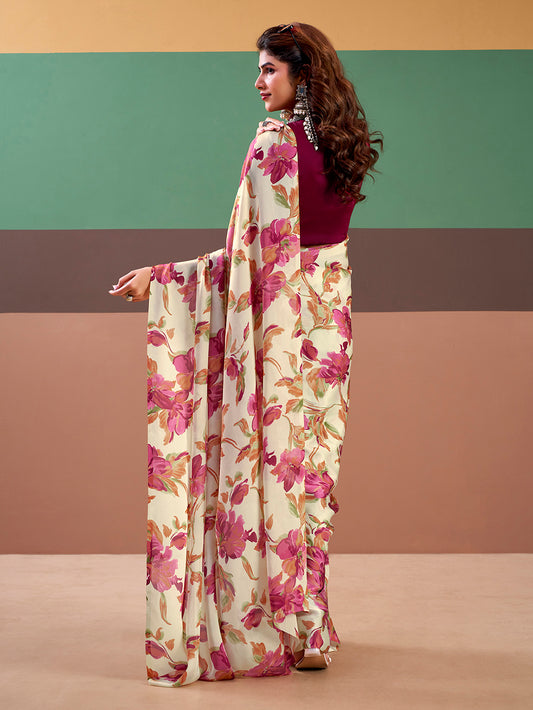 Pink Color Floral Printed Satin Silk Fancy Saree