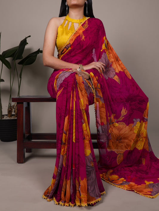 Pink Color Floral Print With Lace Border Weightless Marbel Saree