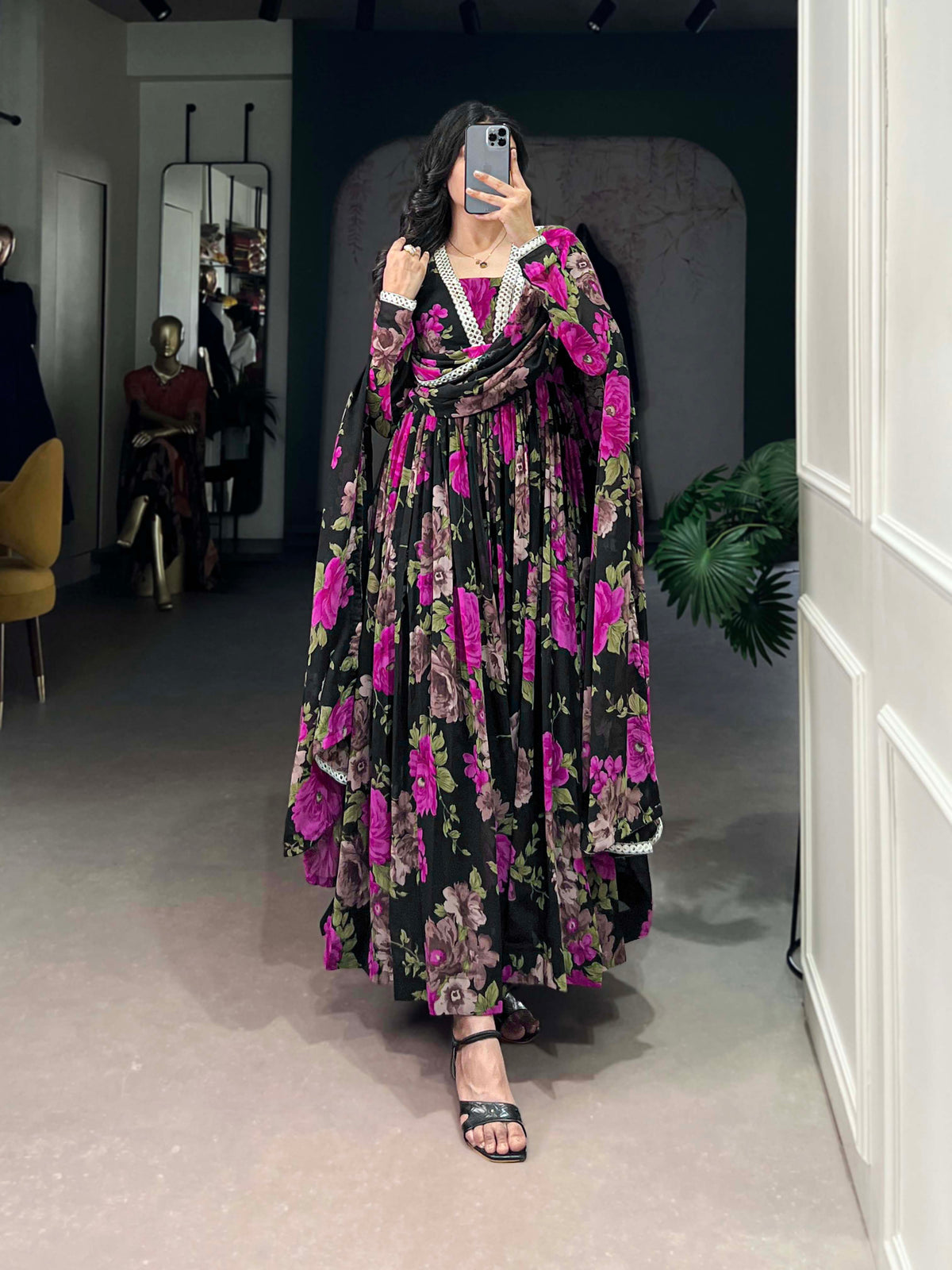 Pink Color Floral Printed And Paper Mirror Lace Georgette Gown
