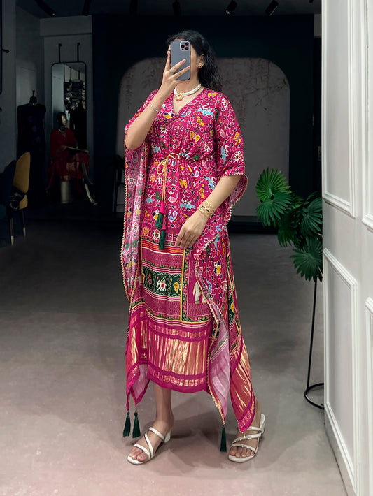 Pink Color Ikkat Patola Printed Gaji Silk Kaftan
