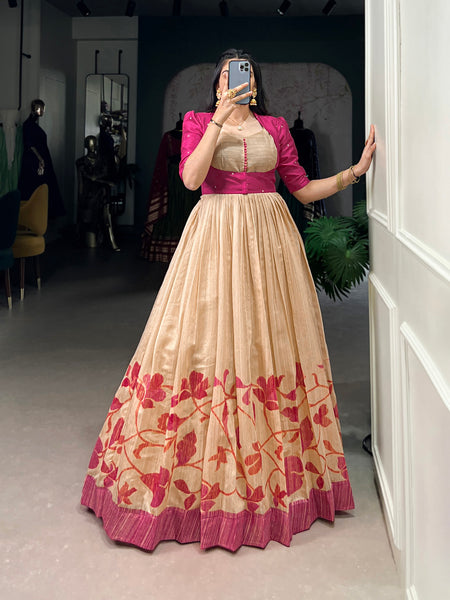 Pink Color Printed Green Silk Gown M Size / Pink