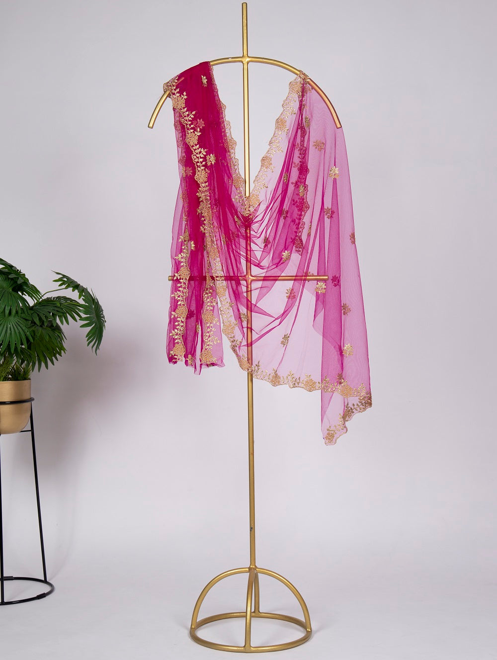 Pink Color Embroidery Cut Work and Stone Work Net Dupatta