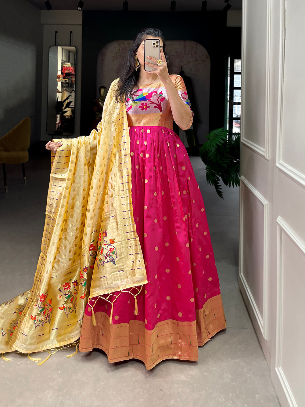 Pink Color Zari Weaving Work Jacquard Silk (Paithani) Dress