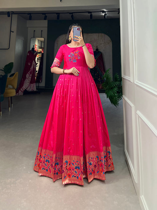 Pink Color Zari Weaving Work Jacquard Silk Dress