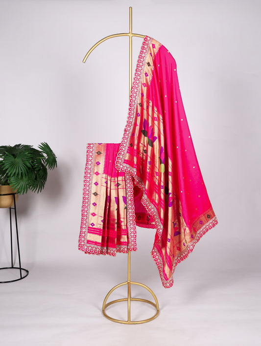 Pink Color Weaving Zari Work With Sequins And Embroidery Lace Jacquard Silk Dupatta