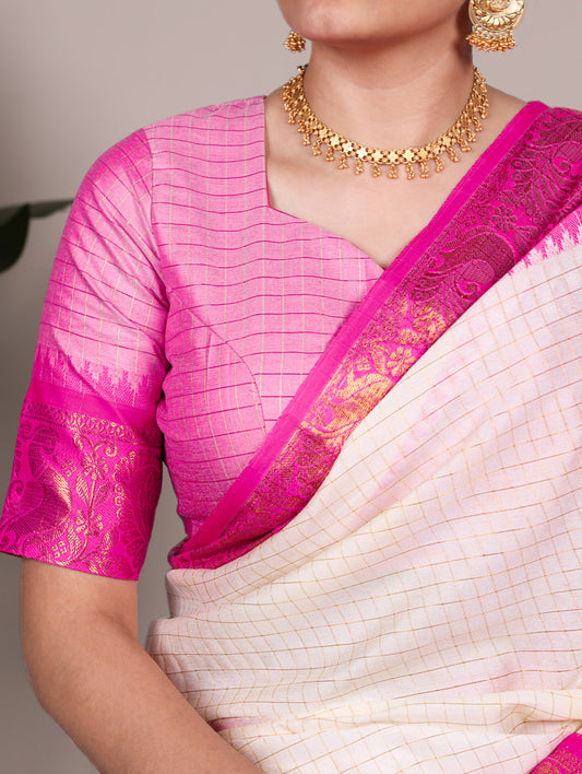 Pink Color Chex With Zari Weaving Work Poly Cotton Saree