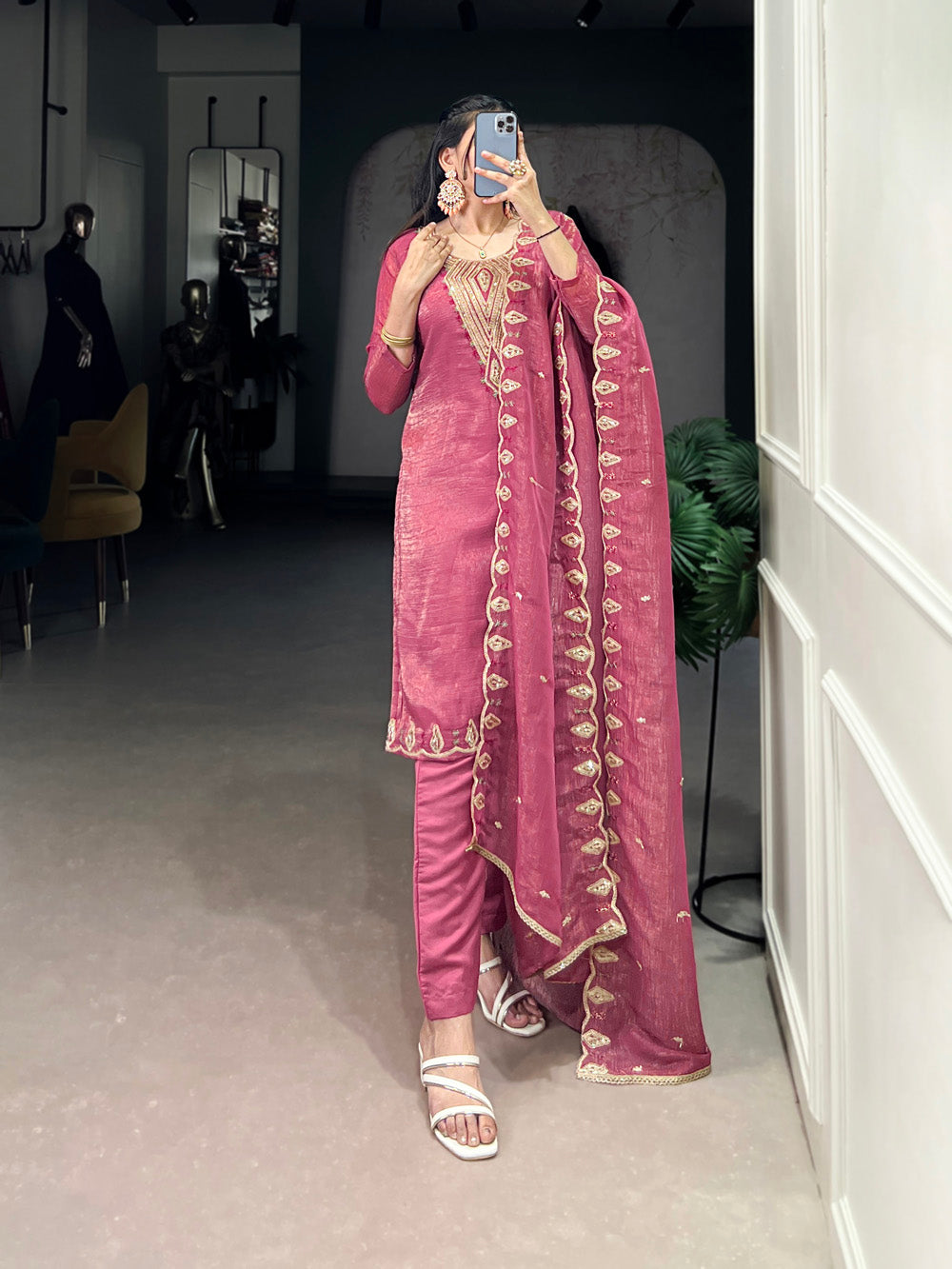 Pink Color Sequins And Thread Embroidery Work Silver Glosy Salwar Suit