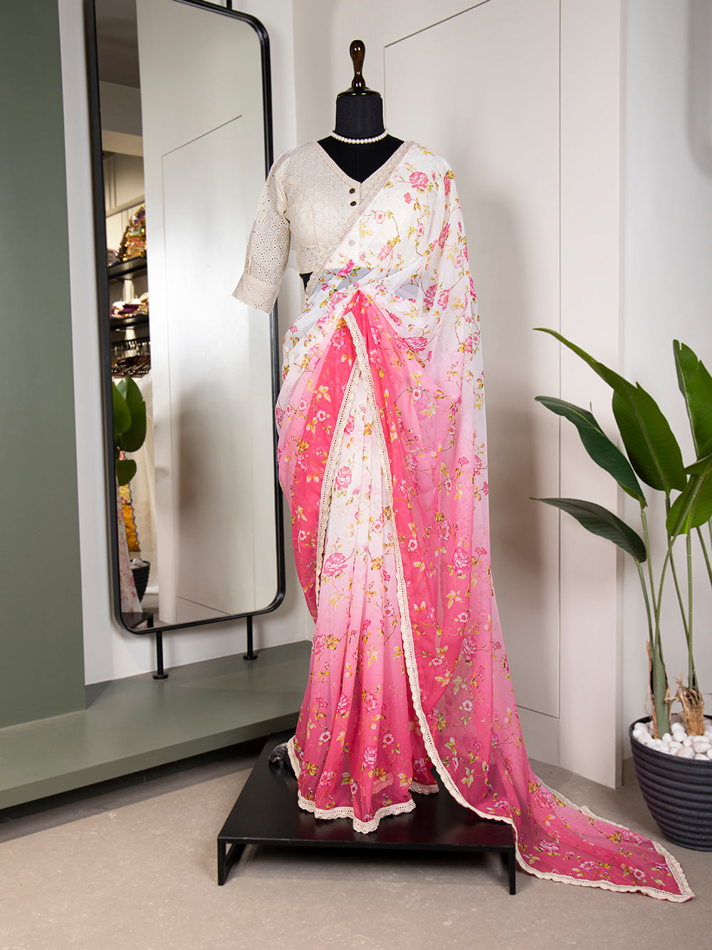 Pink Color Printed With Cotton Lace Border Georgette Saree