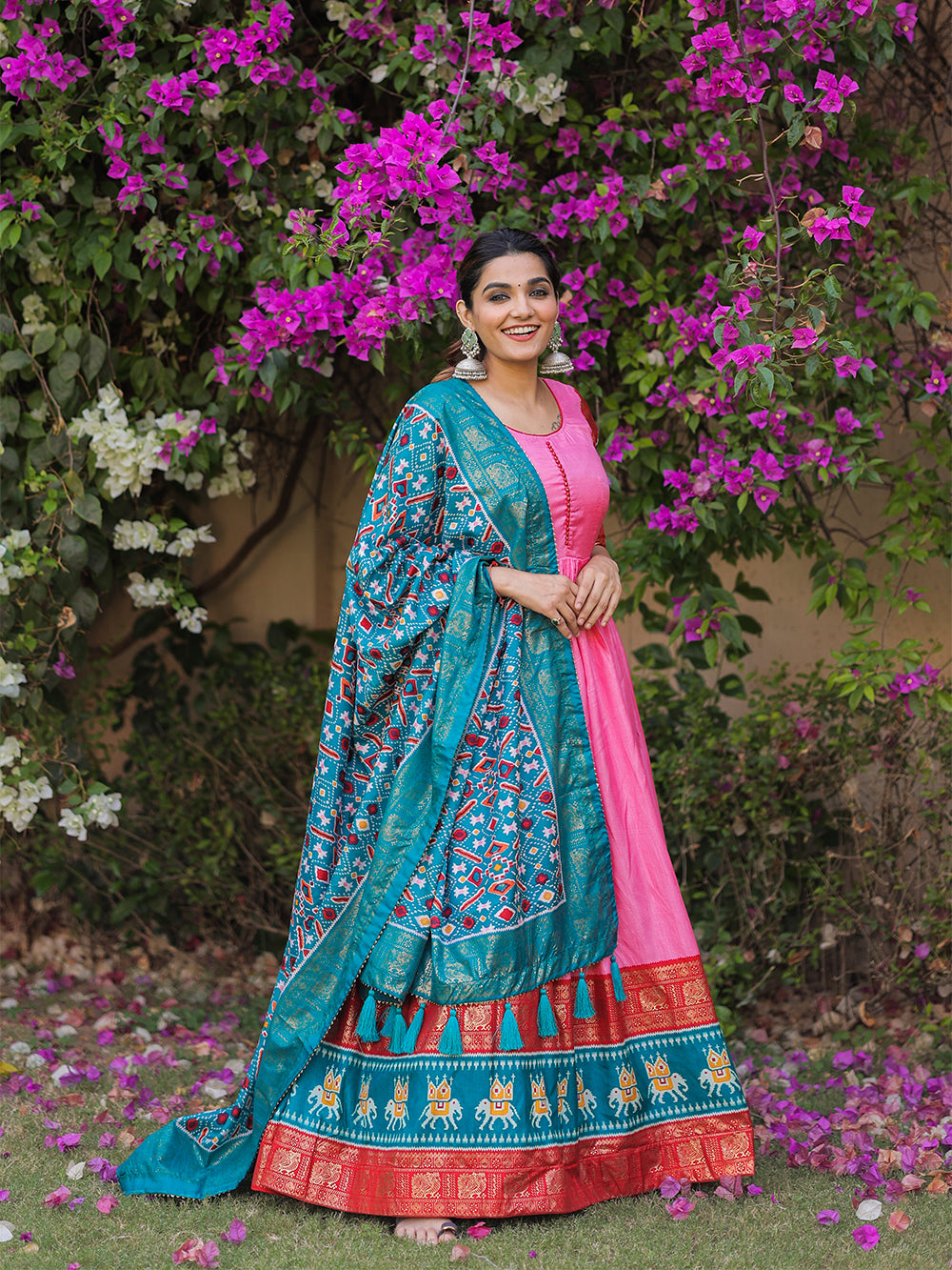 Pink Color Patola with Foil Print Dola Silk Dress