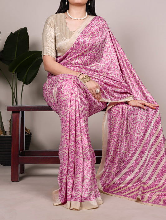 Pink Color Printed Tasar Silk Saree