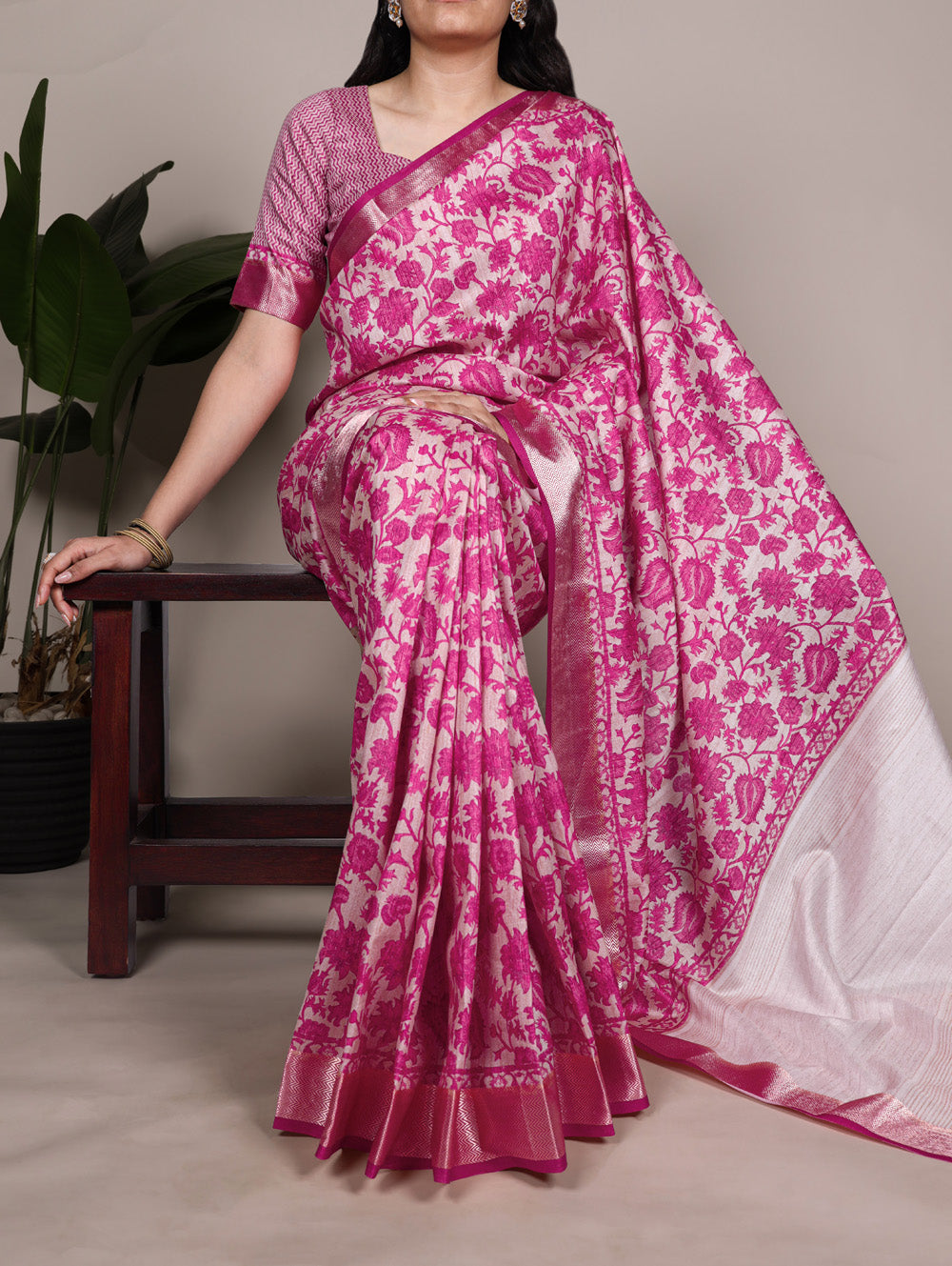 Pink Color Printed Tasar Silk With Viscose Border Saree