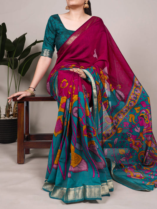 Pink Color Tradition Floral Printed With Zari Weaving Work Viscose Chanderi Saree
