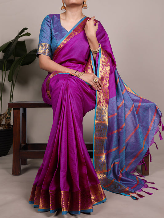 Magenta Pink Color Zari Weaving Work Poly Cotton Saree By Yana Fab